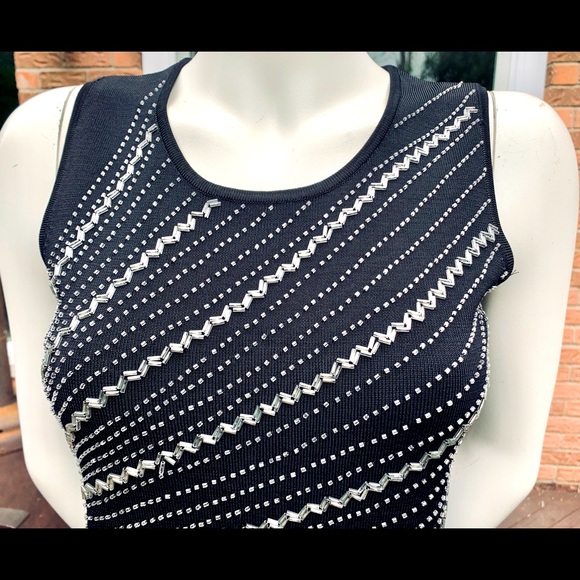 Black Rayon Knit Tank Top with Shiny Metal Beadings coctail wedding top US M - Picture 3 of 11